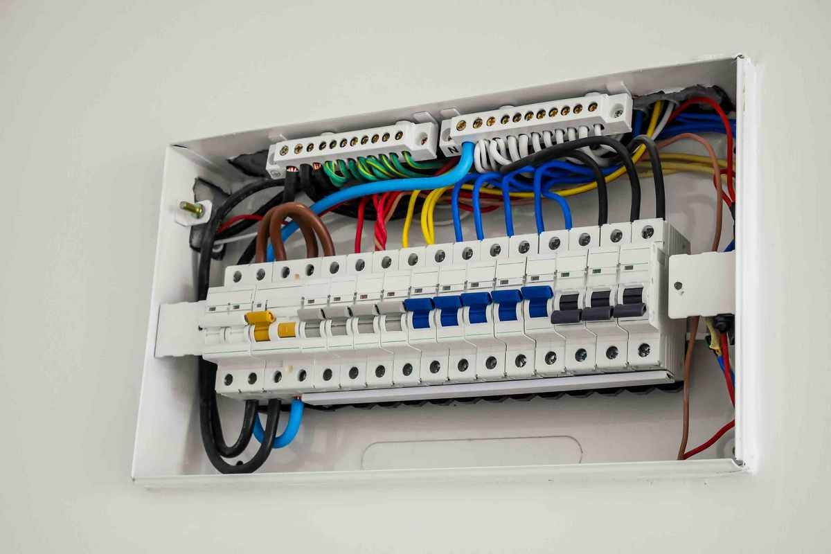 Consumer unit with circuit breakers and wiring